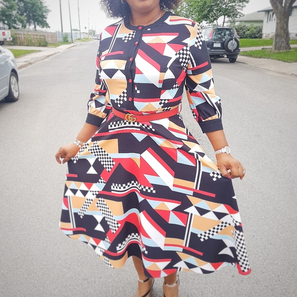 MULTI-PRINT SKATER DRESS- PLUS SIZES - Picture 1 of 4